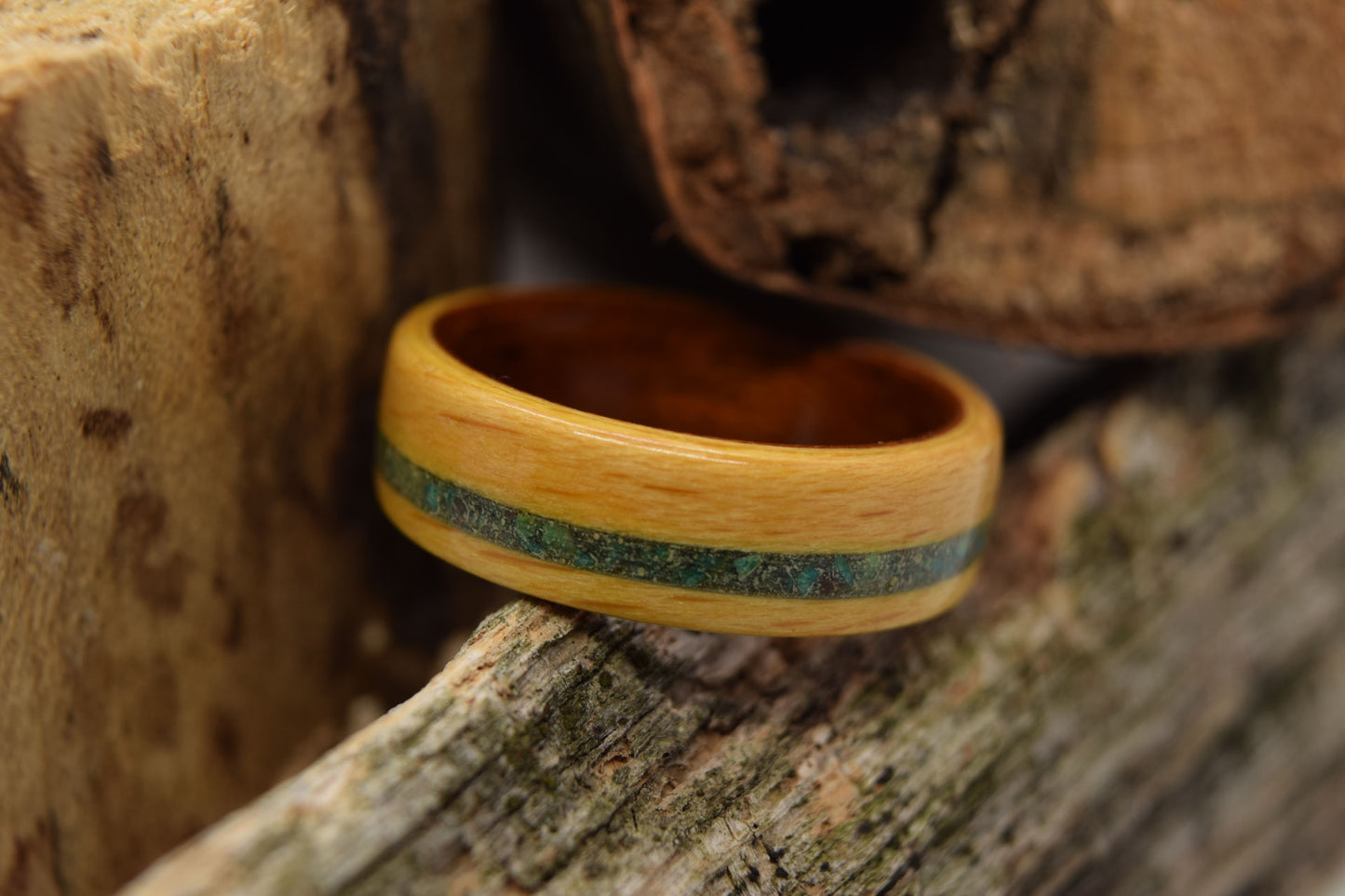 Size 8.5 Beech/Spanish Cedar/Chrysocolla Bentwood Ring